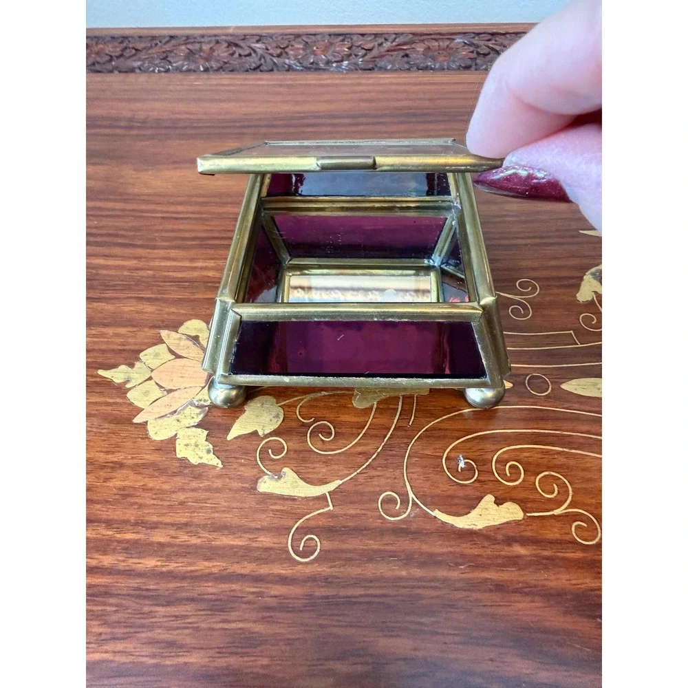 Vintage Brass &‎ Purple Glass Jewelry Box 3